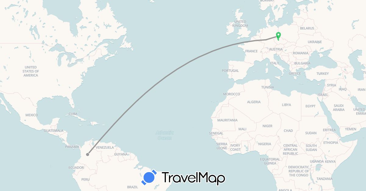 TravelMap itinerary: driving, bus, plane in Colombia, Czech Republic, Germany (Europe, South America)